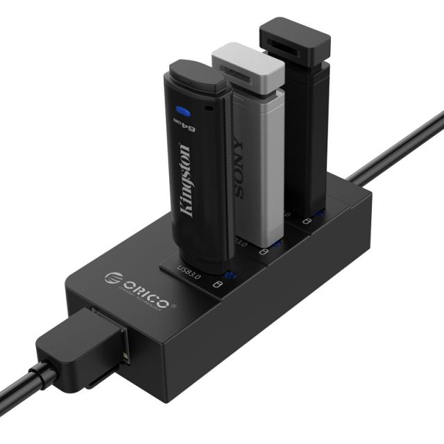 USB Хъб Orico 4 порта + LAN, USB 3.0 Type-A, черен