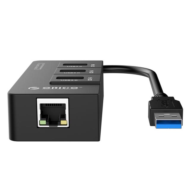 USB Хъб Orico 4 порта + LAN, USB 3.0 Type-A, черен