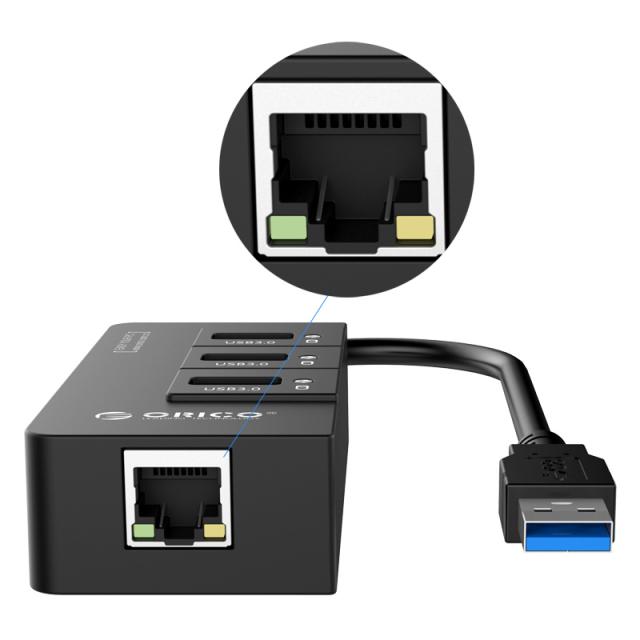 USB Хъб Orico 4 порта + LAN, USB 3.0 Type-A, черен