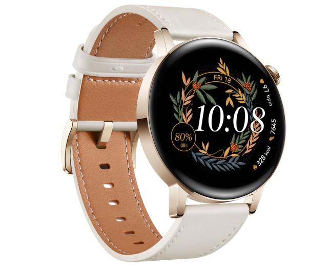 Часовник Huawei Watch GT 3 42mm, Milo-B19V,  1.32", Amoled, 466x466, PPI 356, 4GB, Bluetooth 5.2, supports BLE/BR/EDR, 5ATM, Battery 292 maAh, Light Gold, White Leather Strap