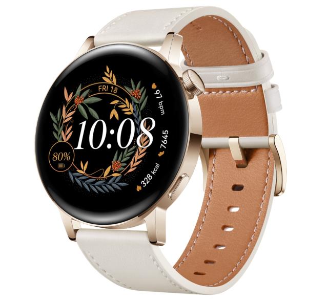 Часовник Huawei Watch GT 3 42mm, Milo-B19V,  1.32", Amoled, 466x466, PPI 356, 4GB, Bluetooth 5.2, supports BLE/BR/EDR, 5ATM, Battery 292 maAh, Light Gold, White Leather Strap