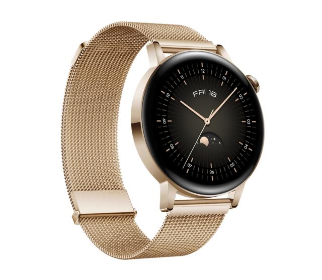 Часовник Huawei Watch GT 3 42mm, Milo-B19T, 1.32",  Amoled, 466x466, PPI 356, 4GB, Bluetooth 5.2, supports BLE/BR/EDR, 5ATM, Battery 292 maAh, Light Gold, Light Gold Milanese Strap