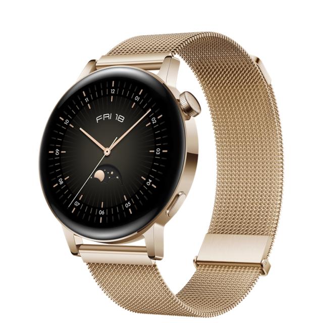 Часовник Huawei Watch GT 3 42mm, Milo-B19T, 1.32",  Amoled, 466x466, PPI 356, 4GB, Bluetooth 5.2, supports BLE/BR/EDR, 5ATM, Battery 292 maAh, Light Gold, Light Gold Milanese Strap