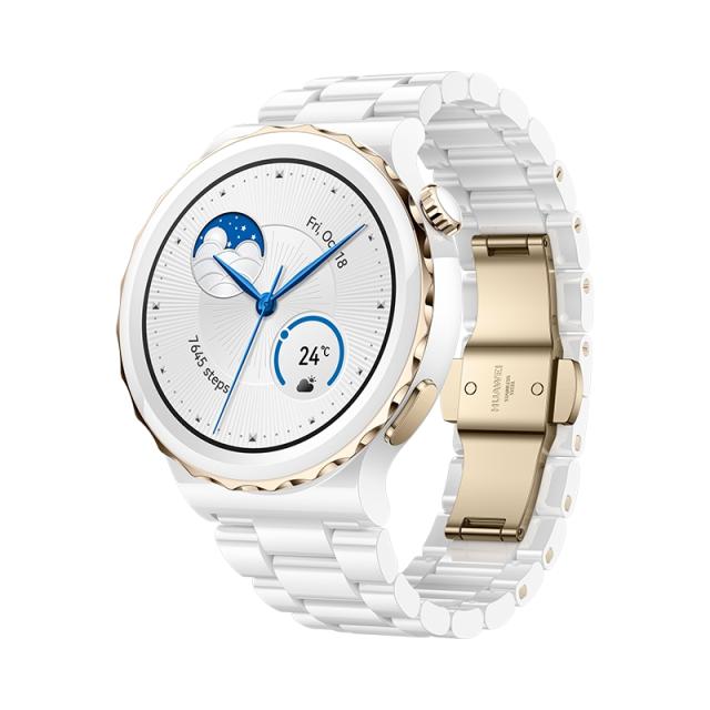 Часовник Huawei Watch GT 3 Pro 43mm, Frigga-B19T, 1.32", Amoled, 466x466, PPI 352, 4GB, Bluetooth 5.2, supports BLE/BR/EDR, 5ATM, Battery 292 maAh, White Ceramic Strap
