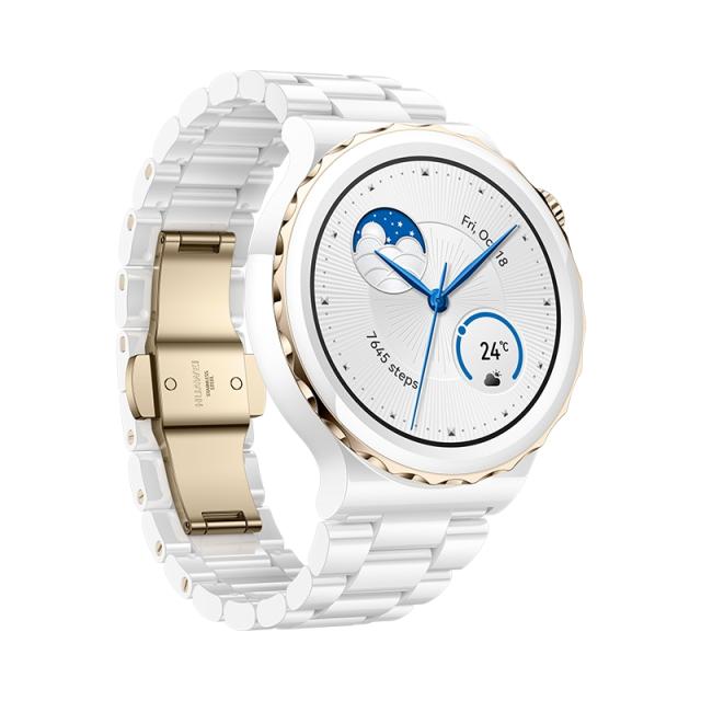 Часовник Huawei Watch GT 3 Pro 43mm, Frigga-B19T, 1.32", Amoled, 466x466, PPI 352, 4GB, Bluetooth 5.2, supports BLE/BR/EDR, 5ATM, Battery 292 maAh, White Ceramic Strap