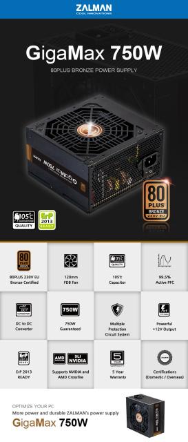 Захранване Zalman ZM750-GVII, PSU GigaMax 750W, 80 PLUS BRONZE, Active PFC