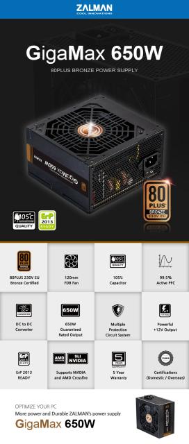 Захранване Zalman ZM650-GVII, PSU GigaMax 650W, 80 PLUS BRONZE, Active PFC