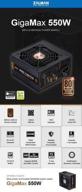 Захранване Zalman ZM550-GVII, PSU GigaMax 550W, 80PLUS BRONZE, Active PFC