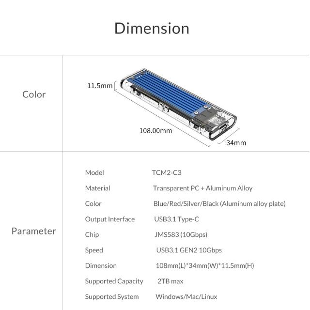 Кутия Orico за SSD, Storage - Case - M.2 NVMe M key - USB3.1 Type-C - TCM2-C3-BL