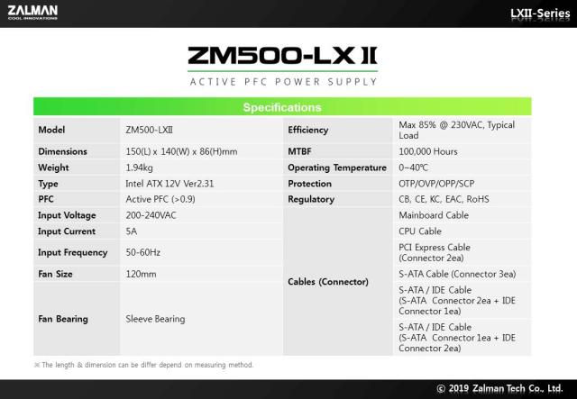 Захранване Zalman ZM500-LXII, PSU 500W, Active PFC