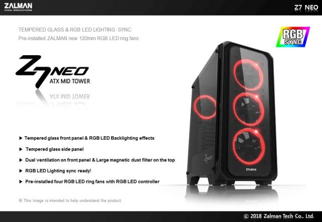 Кутия Zalman Z7 NEO RGB Sync, 1 x USB 3.0, 2 x USB, 2.0, HD Audio Headphones, HD Audio Mic, ATX/ mATX/ Mini-ITX, черна