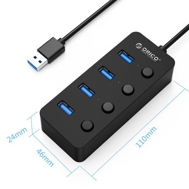 Хъб Orico USB3.0 HUB 4 port black, 4 On/Off buttons - W9PH4-U3-BK