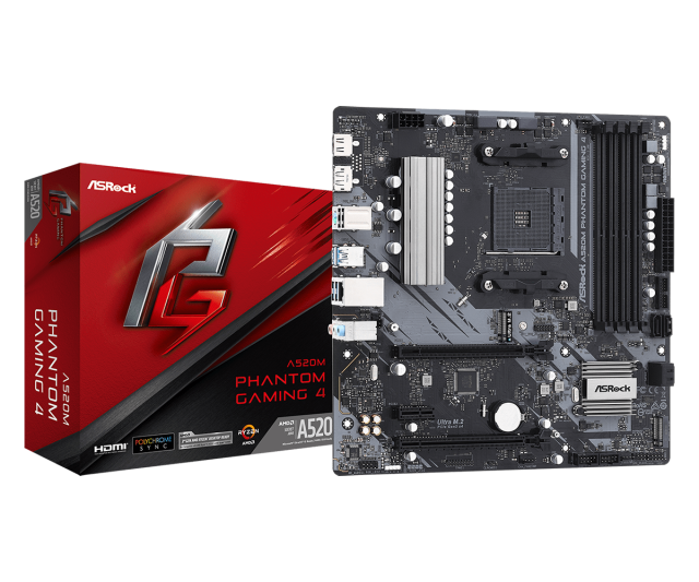 Дънна платка ASRock A520M Phantom Gaming 4, A520, AM4, DDR4, PCI-E 3.0, 4x SATA 6Gb/s, HDMI, DP, Micro ATX