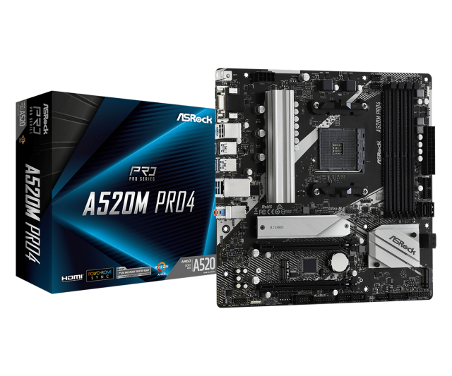 Дънна платка ASRock A520M Pro4, A520, AM4, DDR4, PCI-E 3.0 (HDMI/DVI/VGA), 4x SATA 6Gb/s, 1 x Ultra M.2, 1x USB 3.2 Type C, mATX