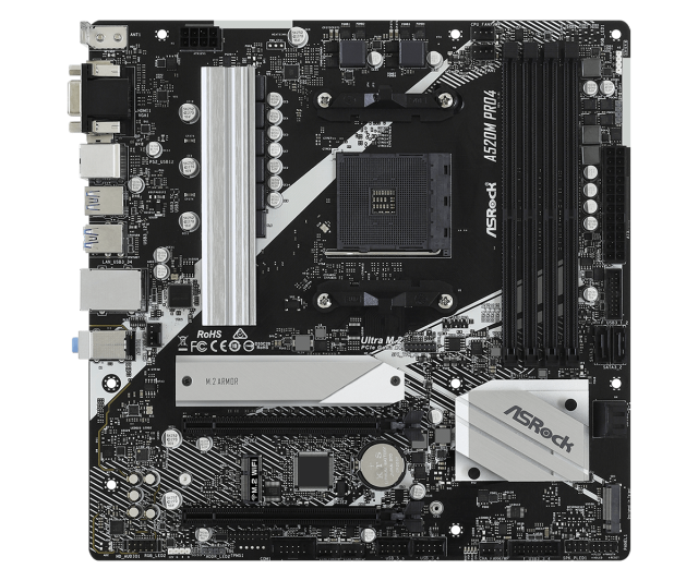 Дънна платка ASRock A520M Pro4, A520, AM4, DDR4, PCI-E 3.0 (HDMI/DVI/VGA), 4x SATA 6Gb/s, 1 x Ultra M.2, 1x USB 3.2 Type C, mATX