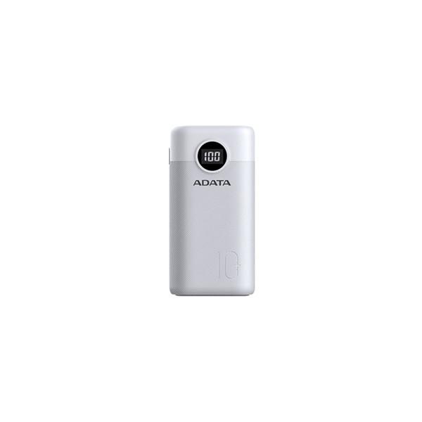 Външна батерия ADATA POWER BANK P10000QCD, 10 000 mAh, 1x USB-C двупосочно, 2x USB-A, PD/QC 3.0, LCD дисплей, бяла