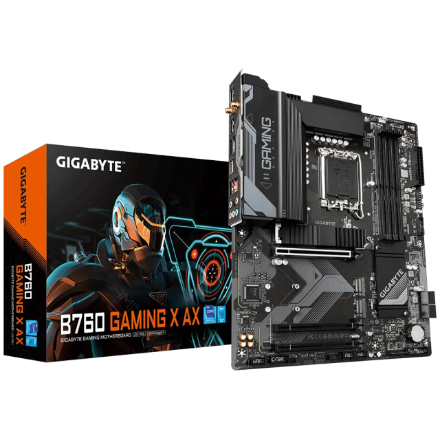 Дънна платка Gigabyte B760 GAMING X AX, B760, LGA1700, DDR5, PCIe 4.0, 2x M.2, 4x SATA 6Gb/s, Wi-Fi 6E, Bluetooth V5.2, 1x USB 3.2 Gen 2 Type-A, 1x USB Type-C, 4x USB 2.0, HDMI, DP, ATX