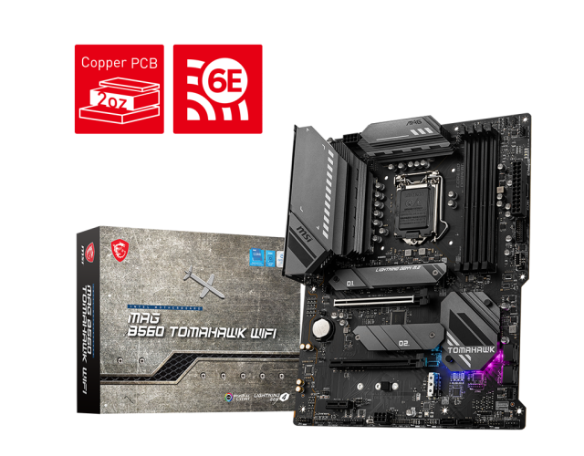 Дънна платка MSI MAG B560 TOMAHAWK WIFI, B560, LGA1200, DDR4, PCI-E 4.0 (DP/HDMI)(CF), 6x SATA 6Gb/s, 3x M.2, Wi-Fi, Bluetooth, ATX