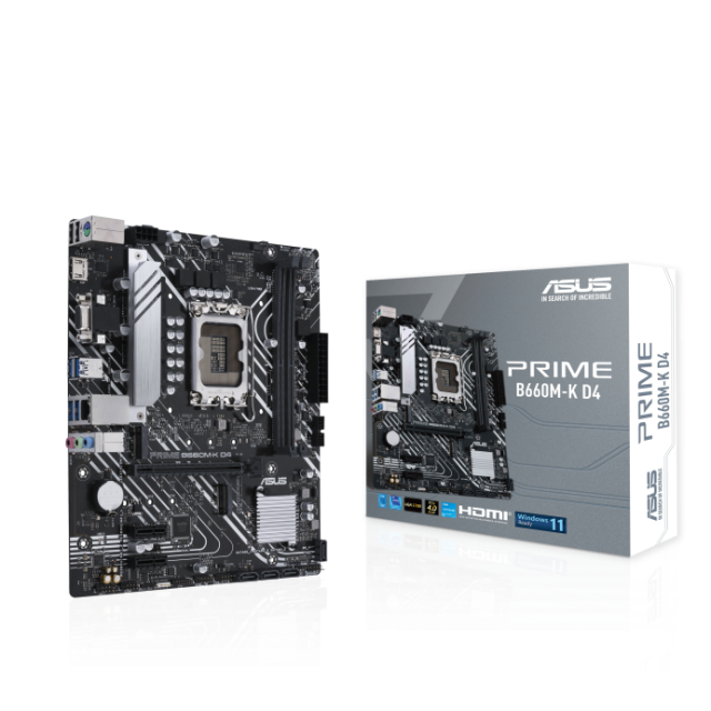 Дънна платка Asus Prime B660M-K D4, B660, LGA 1700, DDR4, PCI-E 4.0, 2x M.2, 4x SATA 6Gb/s, 4x USB 3.2 Gen 1, HDMI, VGA, Micro ATX