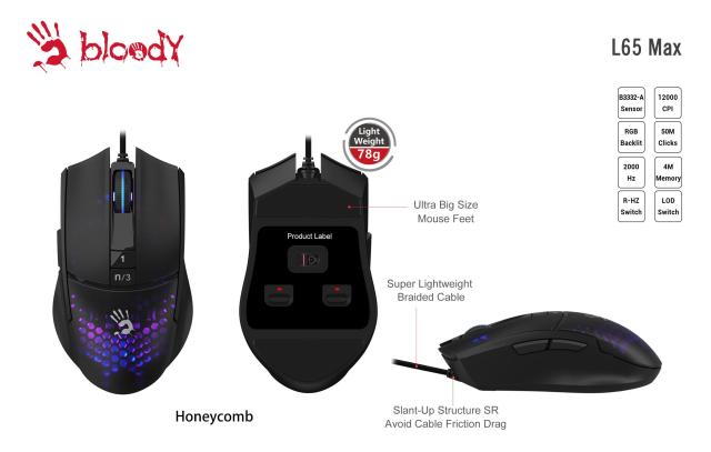 Геймърска мишка A4tech bloody L65 Max, Жична, 12000 cpi, Honeycomb,Черна