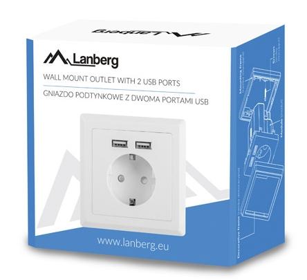 Разклонител Lanberg AC wall socket 230V with 2 USB port 2.1A, schuko socket White