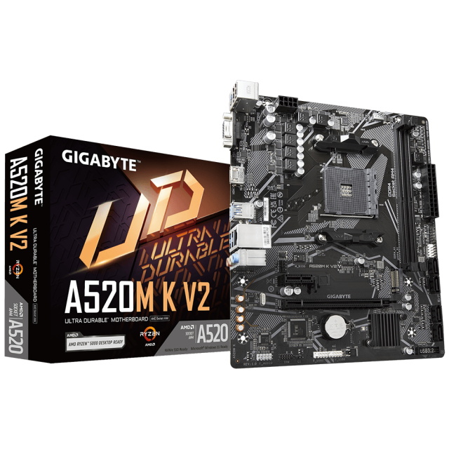 Дънна платка GIGABYTE A520M K V2, AM4, 2xDDR4, 1xM.2 NVMe, PCIe 3., 4x SATA 6Gb/s, 4x USB 3.2 Gen1, VGA/HDMI, MicroATX