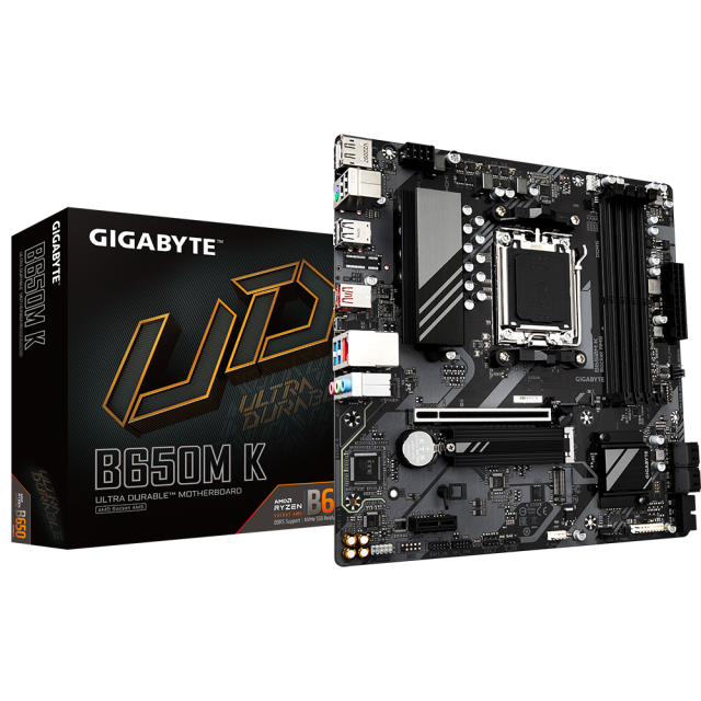Дънна платка GIGABYTE B650M K, AM5, 4xDDR5,  PCI-E 4.0, 2x M.2, 4x SATA 6Gb/s, 1x USB Type-C, 1x USB 3.2 Gen 2 Type-A, HDMI/DP, MicroATX