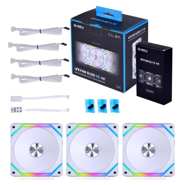 Вентилатори Lian-Li UNI SL120 V2 RGB PWM, Три броя в комплект, Включен контролер, Бял