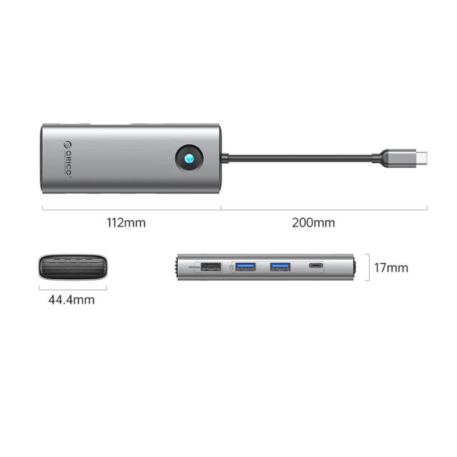 Мултипортов адаптер Orico Type-C Docking Station Power Distribution 100W - HDMI, Type-C x 1, USB3.0 x 2, USB 2.0 x 1, LAN 1000Mbps Gigabit, VGA