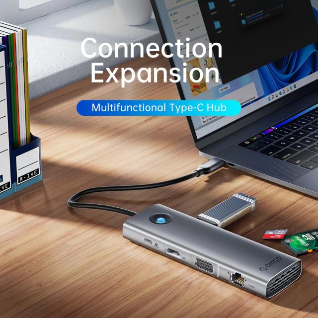 Мултипортов адаптер Orico Type-C Docking Station Power Distribution 100W - HDMI, Type-C x 1, USB3.0 x 2, USB 2.0 x 1, LAN 1000Mbps Gigabit, VGA