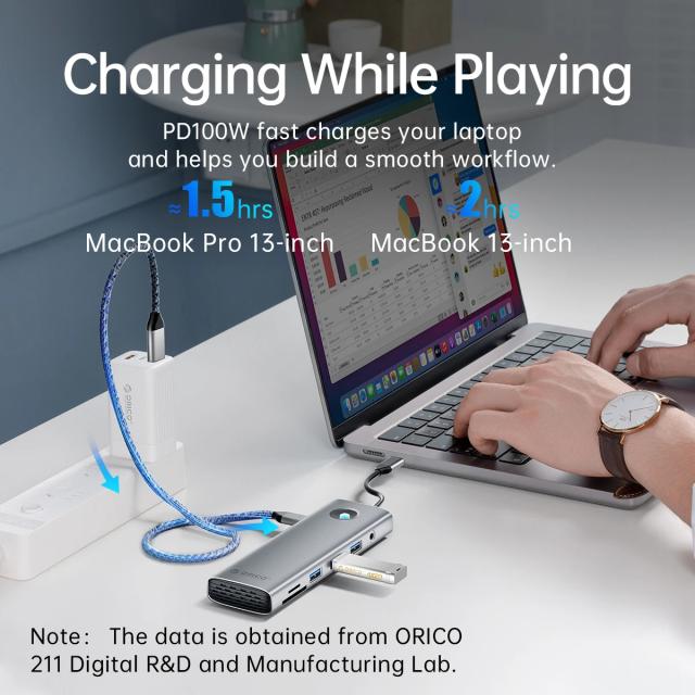 Мултипортов адаптер Orico Type-C Docking Station Power Distribution 100W - HDMI, Type-C x 1, USB3.0 x 2, USB 2.0 x 1, LAN 1000Mbps Gigabit, VGA