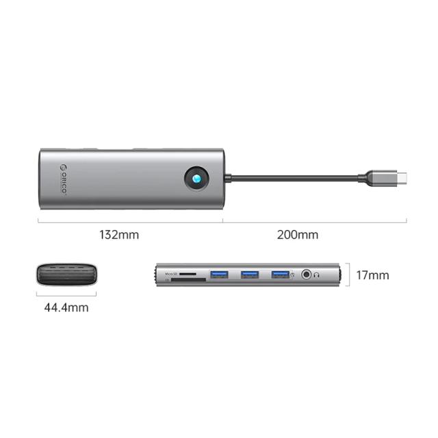 Мултипортов адаптер Orico Type-C Docking Station Power Distribution 100W - HDMI, Type-C x 1, USB3.0 x 3, LAN 1000Mbps Gigabit, SD/TF, VGA, Audio