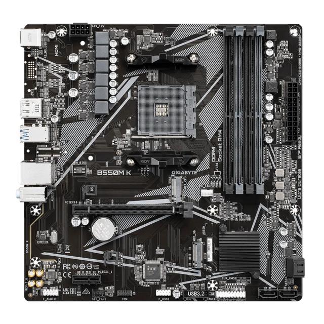 Дънна платка Gigabyte B550M K, B550, AM4, DDR4, PCI-E 4.0, HDMI/DP, 2x M.2, 4x SATA 6Gb/s, 4x USB 3.2 Gen1, mATX