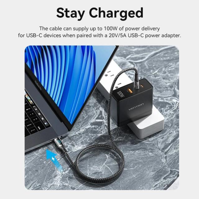 Кабел Vention USB Type-C към USB Type-C, 100W, LED display, USB 4.0, 2m