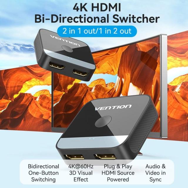 Превключвател Vention HDMI 2.0 Switcher/Splitter 2-Port Bi-Direction 4K Black - AKOB0