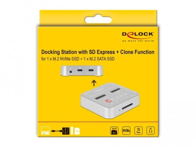 Докинг станция Delock 1 x M.2 NVMe SSD + 1 x M.2 SATA SSD, SD Express Card Reader, Клониране