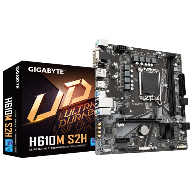 Дънна платка GIGABYTE H610M-S2H, LGA1700, 2xDDR5, PCIe 5.0 (VGA/DVI-D/HDMI/DP), 1x M.2, 4x SATA 6Gb/s, 2x USB 3.2 Gen 1, Micro ATX