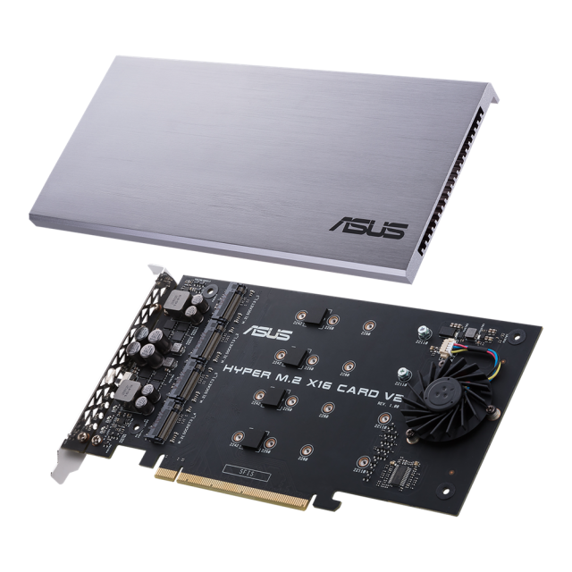 Контролер ASUS Hyper M.2 x16 Card (PCIe 3.0) поддържа до 4 NVMe M.2 (2242/2260/2280/22110) устроиства