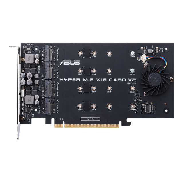 Контролер ASUS Hyper M.2 x16 Card (PCIe 3.0) поддържа до 4 NVMe M.2 (2242/2260/2280/22110) устроиства