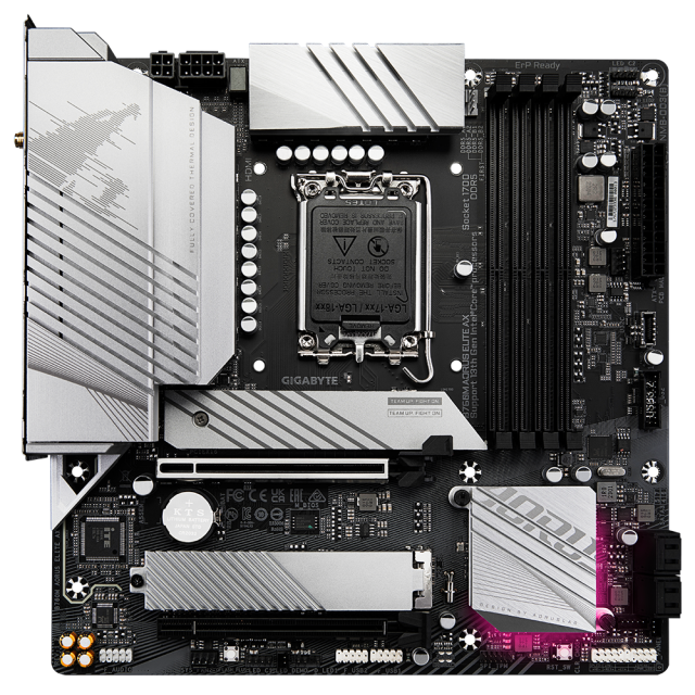 Дънна платка Gigabyte B760M Aorus Elite AX, B760, LGA 1700, DDR5, PCI-E 4.0 (HDMI/DP), 2x M.2, 4x SATA 6Gb/s, 1x USB 3.2 Gen2 Type-C, 1 x USB 3.2 Gen 2, Wi-Fi 6E, Bluetooth, Micro ATX