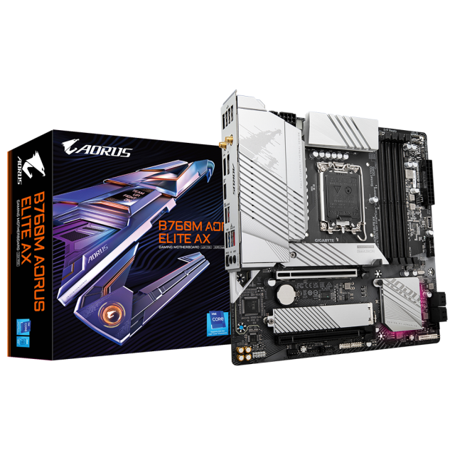 Дънна платка Gigabyte B760M Aorus Elite AX, B760, LGA 1700, DDR5, PCI-E 4.0 (HDMI/DP), 2x M.2, 4x SATA 6Gb/s, 1x USB 3.2 Gen2 Type-C, 1 x USB 3.2 Gen 2, Wi-Fi 6E, Bluetooth, Micro ATX