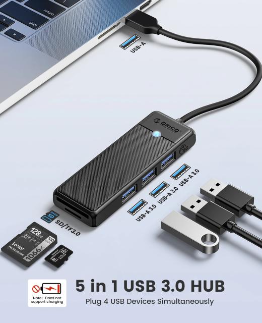 Хъб Orico USB3.0 HUB - 3 x USB3.0, SD, TF - PAPW3AT-U3-015-BK