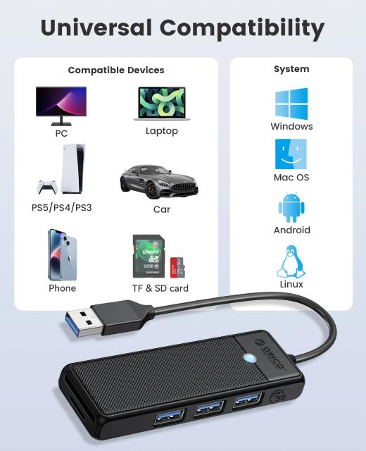 Хъб Orico USB3.0 HUB - 3 x USB3.0, SD, TF - PAPW3AT-U3-015-BK