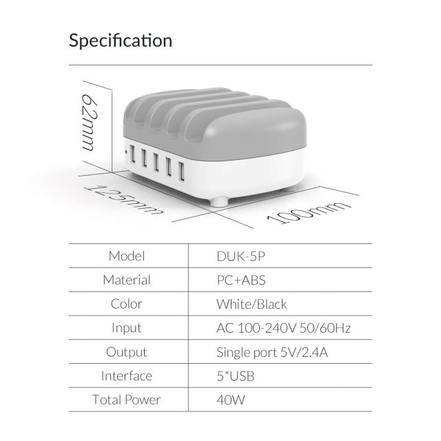 Зарядна станция за мобилни устройства Orico Charger Station 220V - 5 x USB 40W White - DUK-5P-EU-WH
