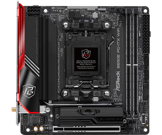 Дънна платка ASROCK B650E PG-ITX WiFi, Socket AM5, DDR5, PCIe 5.0 (DP/HDMI), 2x M.2, 2x SATA 6Gb/s, 1x USB 3.2 Gen2 Type-C, 1x USB 3.2 Gen2, Wi-Fi 6E , Mini-ITX