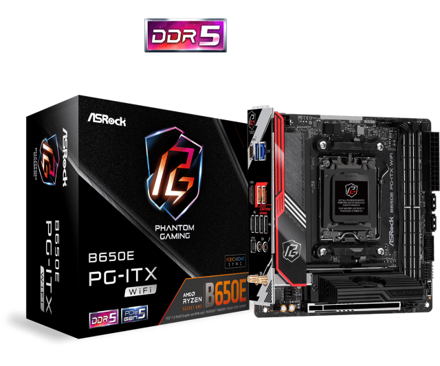 Дънна платка ASROCK B650E PG-ITX WiFi, Socket AM5, DDR5, PCIe 5.0 (DP/HDMI), 2x M.2, 2x SATA 6Gb/s, 1x USB 3.2 Gen2 Type-C, 1x USB 3.2 Gen2, Wi-Fi 6E , Mini-ITX