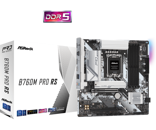 Дънна платка ASRock B760M Pro RS, LGA1700, DDR5, PCIe 5.0 (HDMI/DP)(CrossFire), 3x M.2, 4x SATA 6Gb/s, 3x USB 3.2 Gen1 Type-A, 1x USB 3.2 Gen1 Type-C, mATX