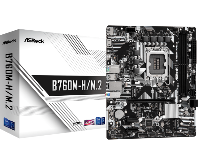 Дънна платка ASRock B760M-H/M.2, LGA1700, DDR5, PCI-E 4.0 (HDMI&DP), 2x M.2, 4x SATA 6Gb/s, 1x USB 3.2 Gen1 Type-C, 3x USB 3.2 Gen1, mATX