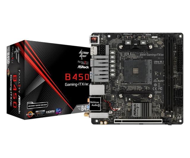 Дънна платка ASRock Fatal1ty B450 Gaming-ITX/ac, AM4, B450, PCI-E 3.0 (DP/HDMI), 4x SATA 6Gb/s, 1x M.2, 1x USB 3.1 Gen2 Type C, Wi-Fi, Bluetooth, Mini-ITX