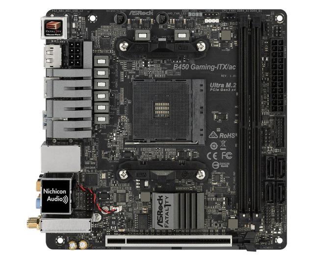 Дънна платка ASRock Fatal1ty B450 Gaming-ITX/ac, AM4, B450, PCI-E 3.0 (DP/HDMI), 4x SATA 6Gb/s, 1x M.2, 1x USB 3.1 Gen2 Type C, Wi-Fi, Bluetooth, Mini-ITX